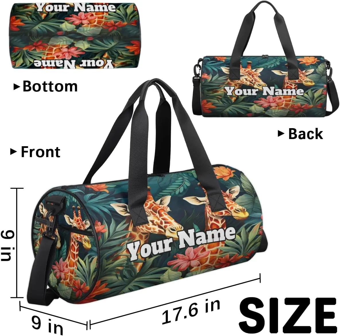 Custom Gym Bag for Women Men with Name, Personalized Giraffe Duffel Bag for Sports, Waterproof Dance Bag, Lightweight Carryon Gym Bag, Tropical Palm Leaves
