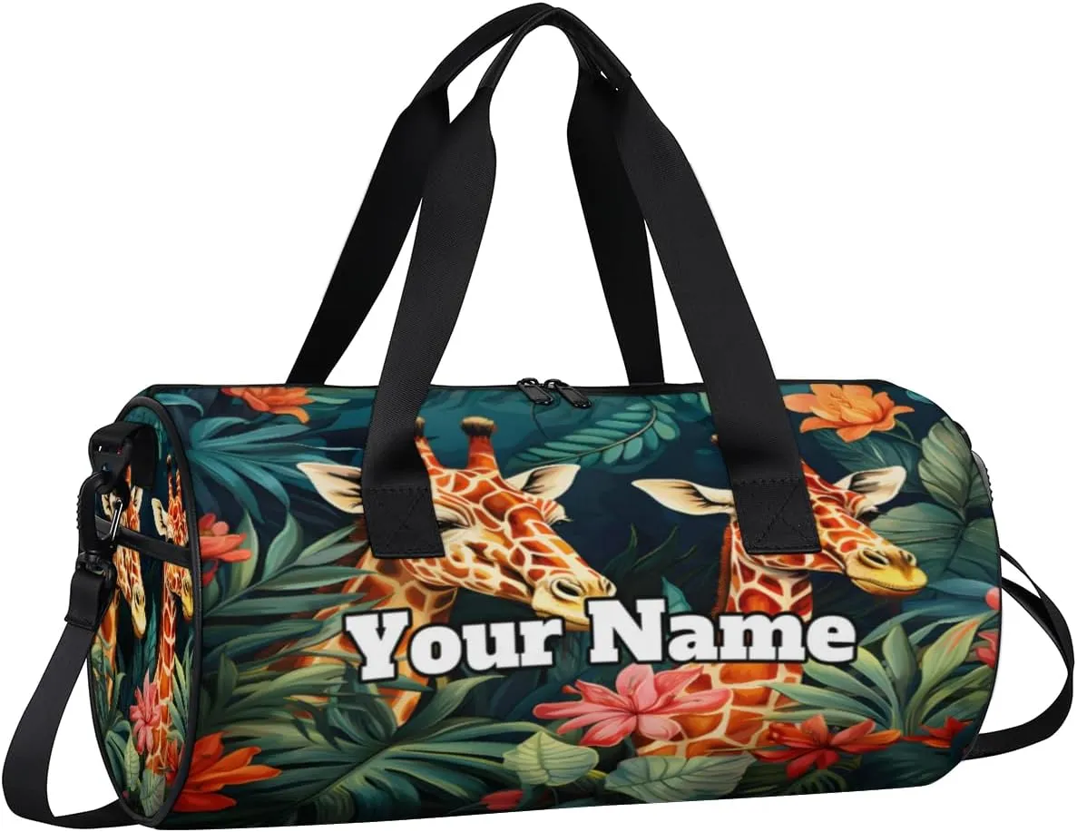 Custom Gym Bag for Women Men with Name, Personalized Giraffe Duffel Bag for Sports, Waterproof Dance Bag, Lightweight Carryon Gym Bag, Tropical Palm Leaves