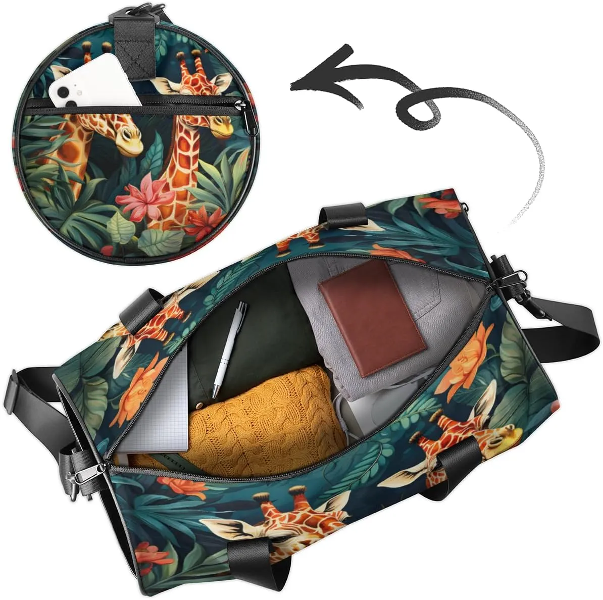 Custom Gym Bag for Women Men with Name, Personalized Giraffe Duffel Bag for Sports, Waterproof Dance Bag, Lightweight Carryon Gym Bag, Tropical Palm Leaves