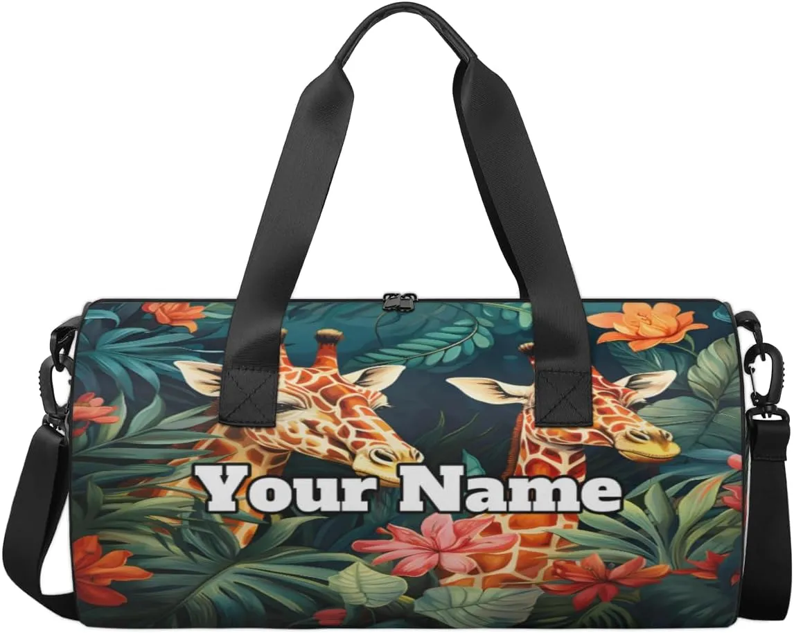 Custom Gym Bag for Women Men with Name, Personalized Giraffe Duffel Bag for Sports, Waterproof Dance Bag, Lightweight Carryon Gym Bag, Tropical Palm Leaves