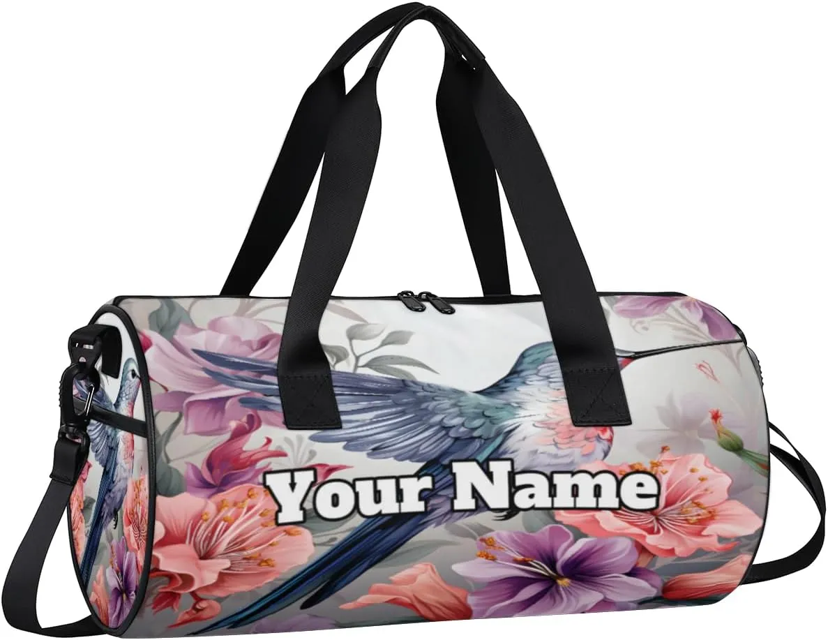 Custom Gym Bag for Women Men with Name, Personalized Hummingbird Duffel Bag for Sports, Waterproof Dance Bag, Lightweight Carryon Gym Bag, Rural Flowers Bird