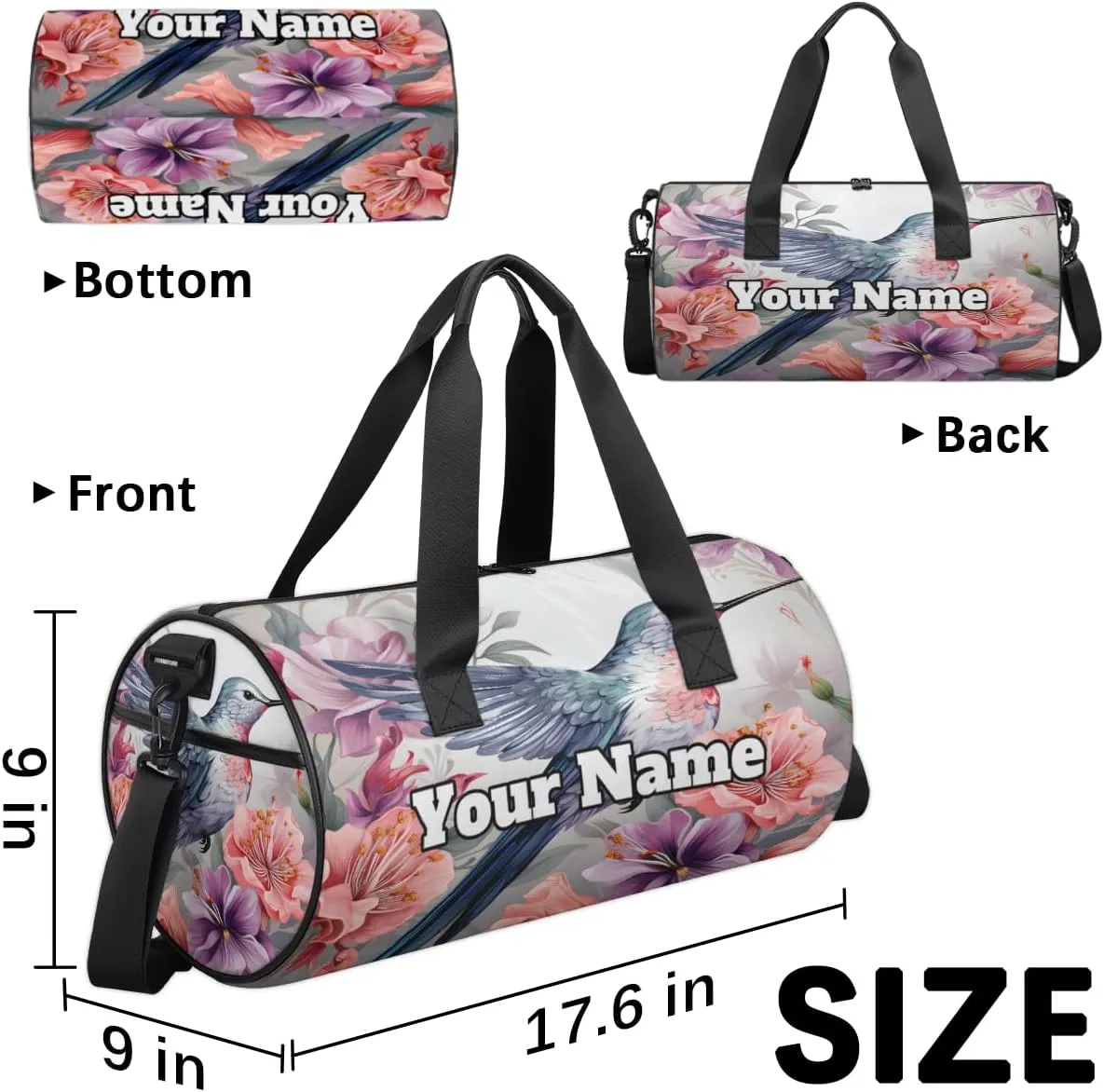 Custom Gym Bag for Women Men with Name, Personalized Hummingbird Duffel Bag for Sports, Waterproof Dance Bag, Lightweight Carryon Gym Bag, Rural Flowers Bird