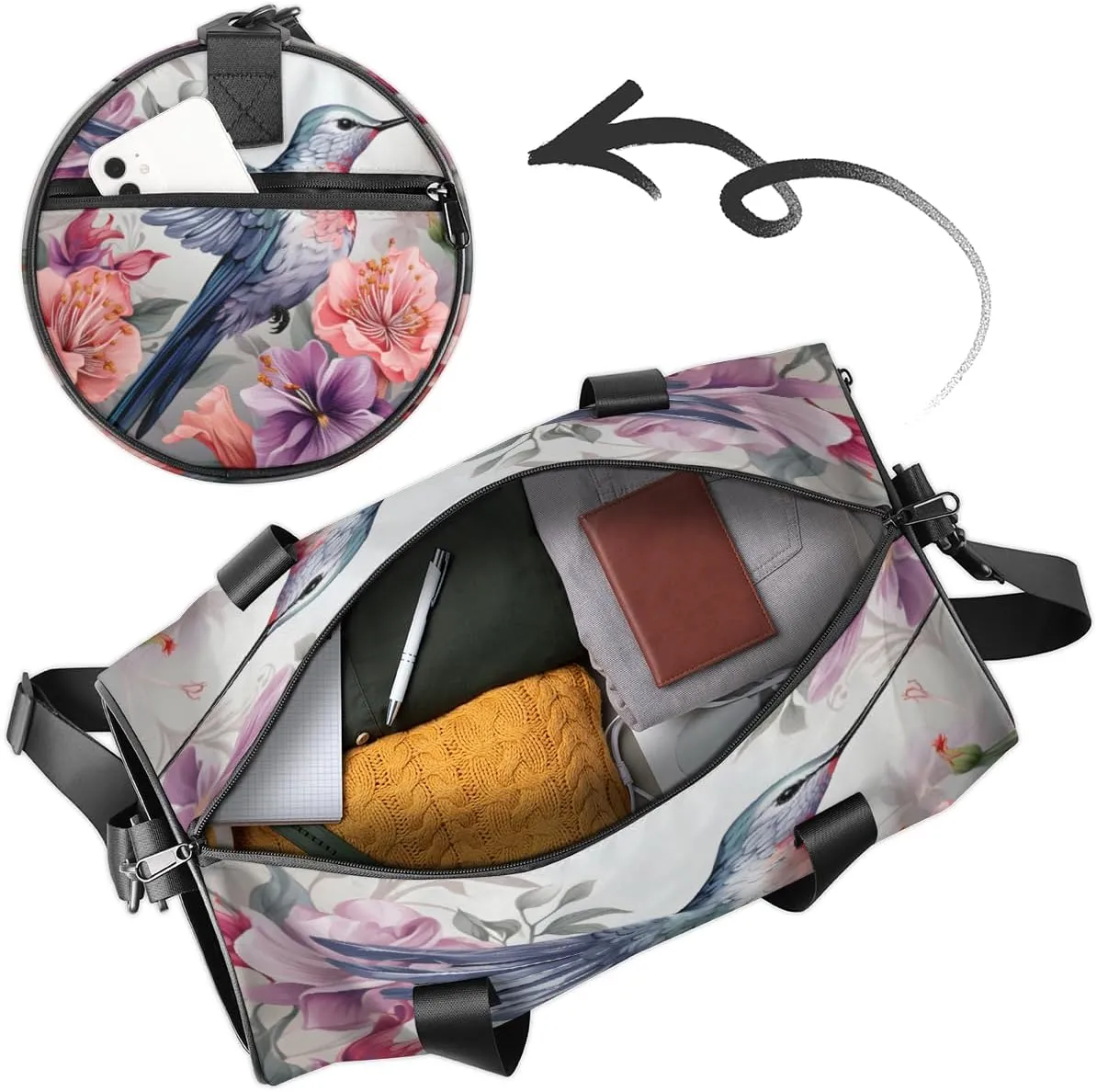 Custom Gym Bag for Women Men with Name, Personalized Hummingbird Duffel Bag for Sports, Waterproof Dance Bag, Lightweight Carryon Gym Bag, Rural Flowers Bird