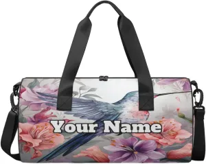 Custom Gym Bag for Women Men with Name, Personalized Hummingbird Duffel Bag for Sports, Waterproof Dance Bag, Lightweight Carryon Gym Bag, Rural Flowers Bird