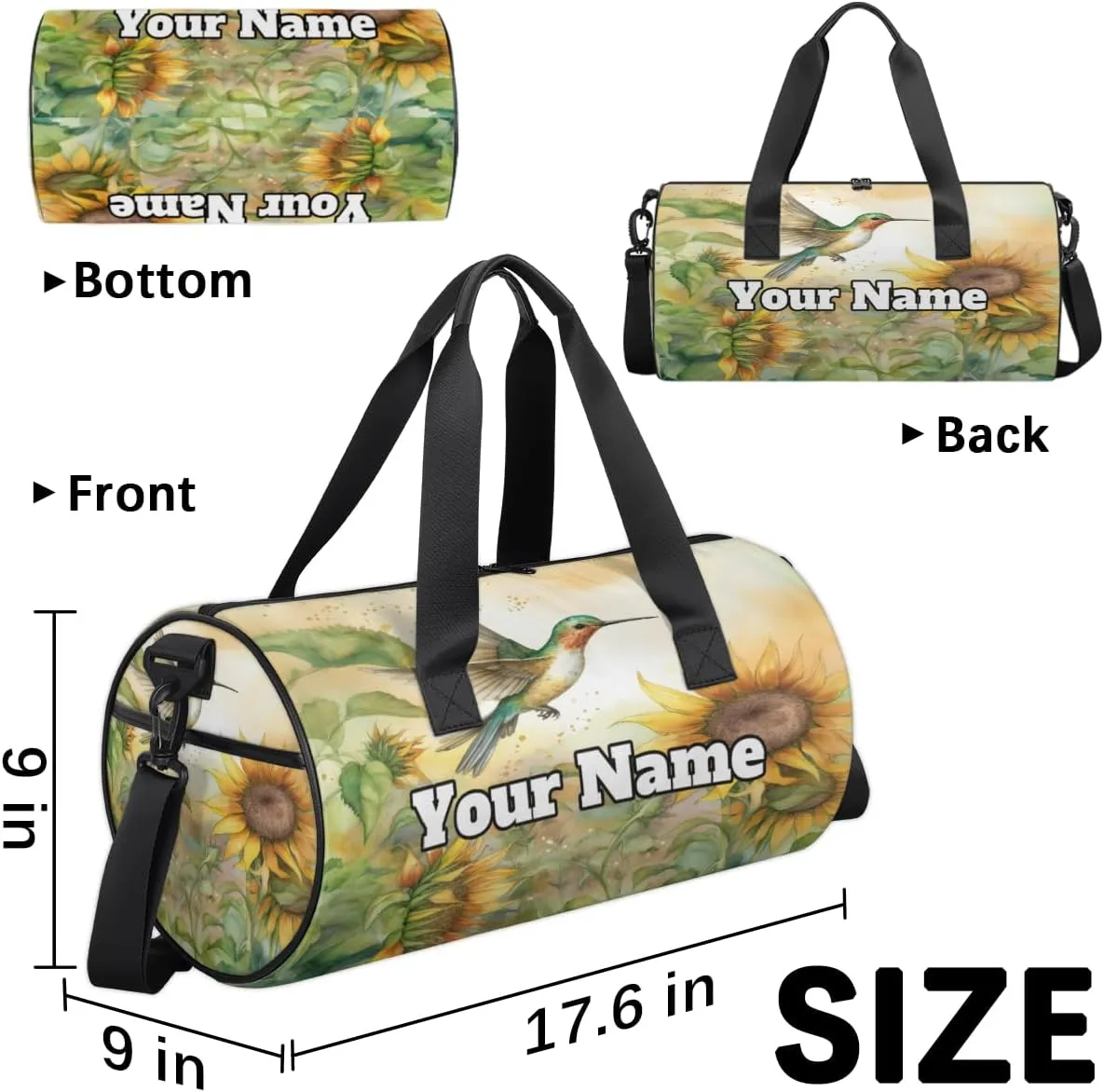 Custom Gym Bag for Women Men with Name, Personalized Hummingbird Duffel Bag for Sports, Waterproof Dance Bag, Lightweight Carryon Gym Bag, Summer Sunflower
