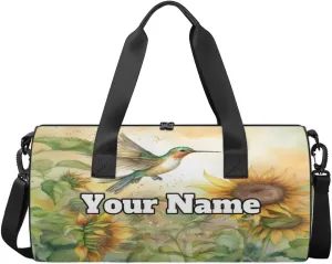 Custom Gym Bag for Women Men with Name, Personalized Hummingbird Duffel Bag for Sports, Waterproof Dance Bag, Lightweight Carryon Gym Bag, Summer Sunflower