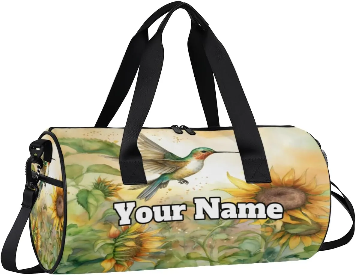 Custom Gym Bag for Women Men with Name, Personalized Hummingbird Duffel Bag for Sports, Waterproof Dance Bag, Lightweight Carryon Gym Bag, Summer Sunflower