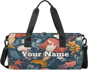 Custom Gym Bag for Women Men with Name, Personalized Jellyfish Mermaids Duffel Bag for Sports, Waterproof Dance Bag, Lightweight Carryon Gym Bag, Sea