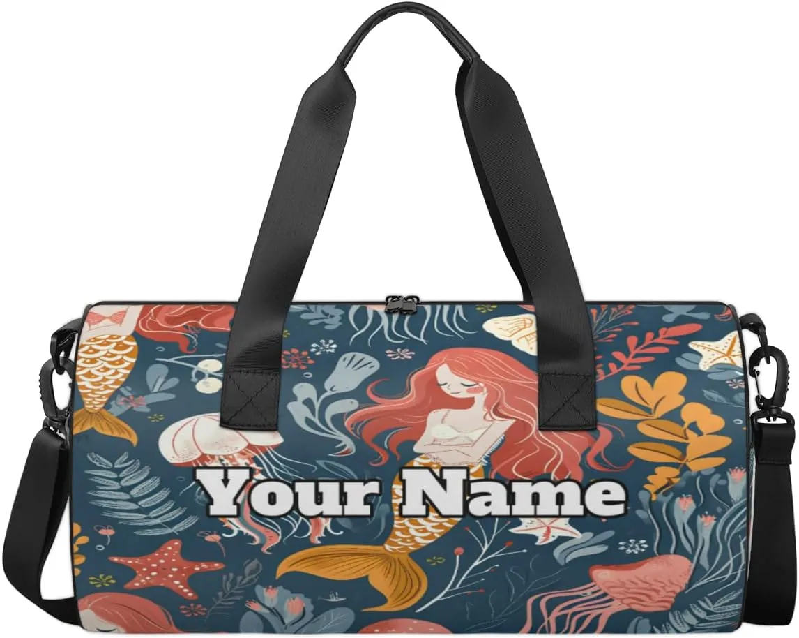 Custom Gym Bag for Women Men with Name, Personalized Jellyfish Mermaids Duffel Bag for Sports, Waterproof Dance Bag, Lightweight Carryon Gym Bag, Sea