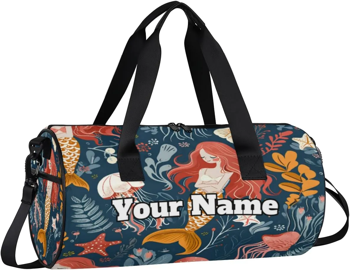 Custom Gym Bag for Women Men with Name, Personalized Jellyfish Mermaids Duffel Bag for Sports, Waterproof Dance Bag, Lightweight Carryon Gym Bag, Sea
