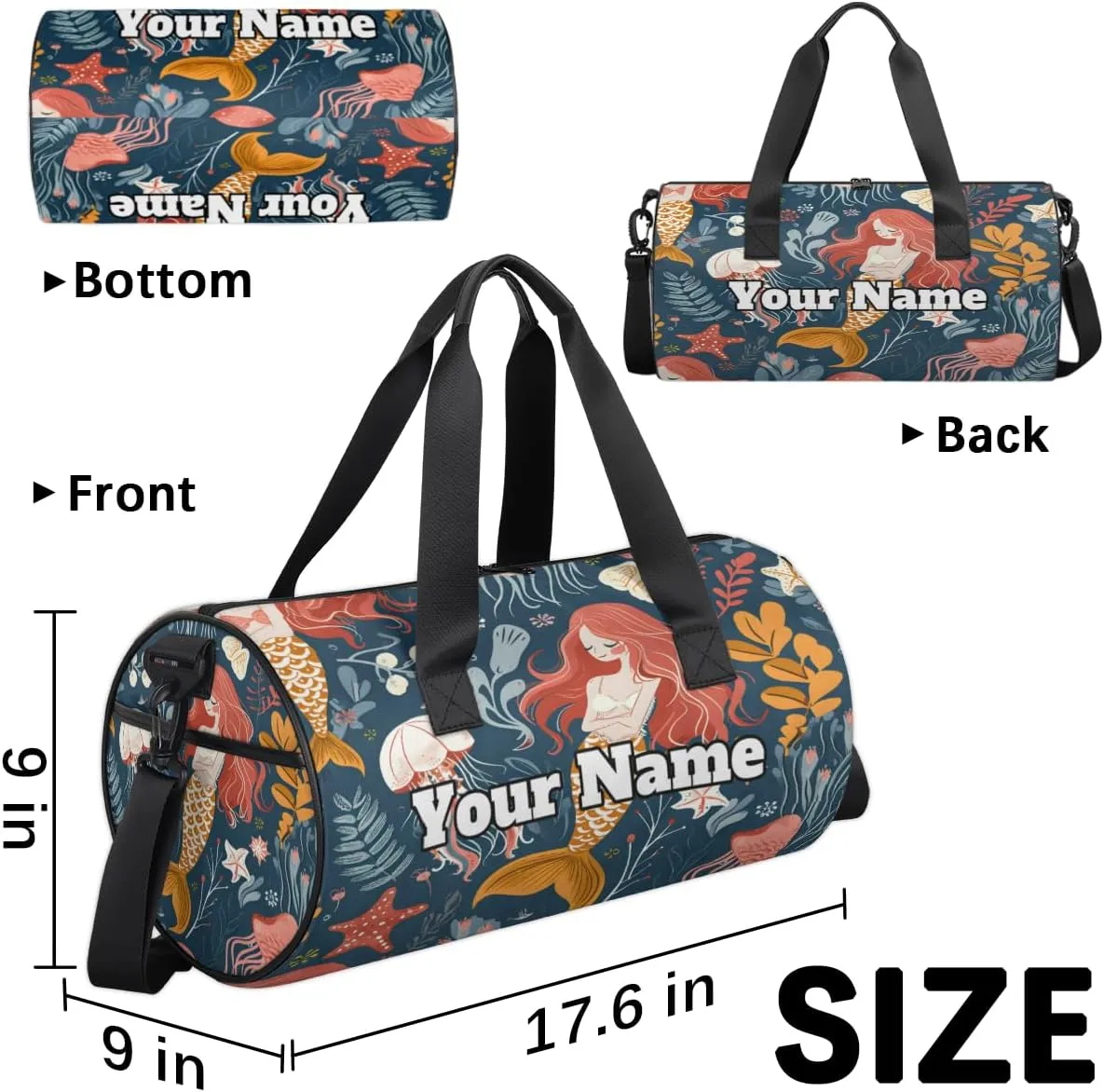Custom Gym Bag for Women Men with Name, Personalized Jellyfish Mermaids Duffel Bag for Sports, Waterproof Dance Bag, Lightweight Carryon Gym Bag, Sea