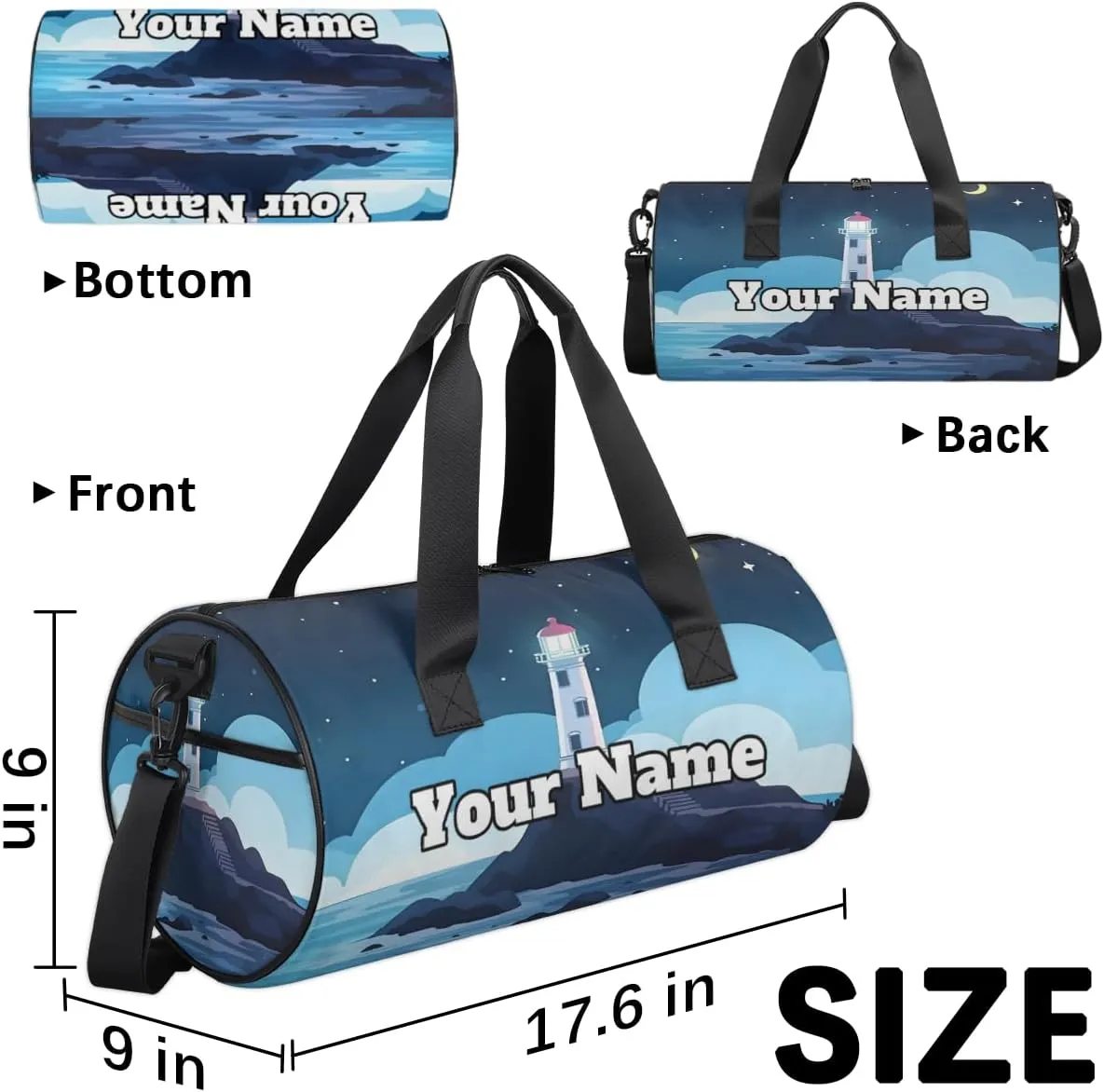 Custom Gym Bag for Women Men with Name, Personalized Lighthouse Duffel Bag for Sports, Waterproof Dance Bag, Lightweight Carryon Gym Bag, Coasts