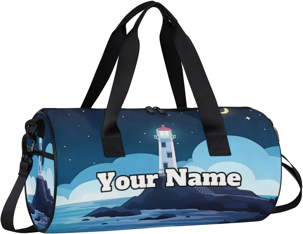 Custom Gym Bag for Women Men with Name, Personalized Lighthouse Duffel Bag for Sports, Waterproof Dance Bag, Lightweight Carryon Gym Bag, Coasts
