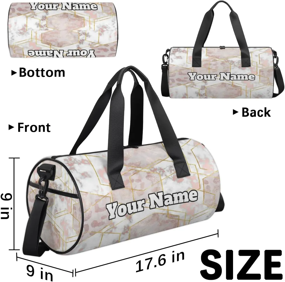 Custom Gym Bag for Women Men with Name, Personalized Pink Marble Texture Duffel Bag for Sports, Waterproof Dance Bag, Lightweight Carryon Gym Bag, Marble