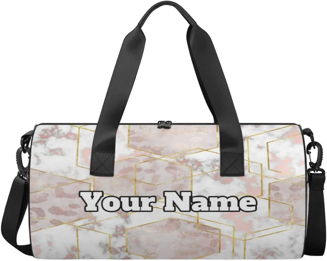 Custom Gym Bag for Women Men with Name, Personalized Pink Marble Texture Duffel Bag for Sports, Waterproof Dance Bag, Lightweight Carryon Gym Bag, Marble