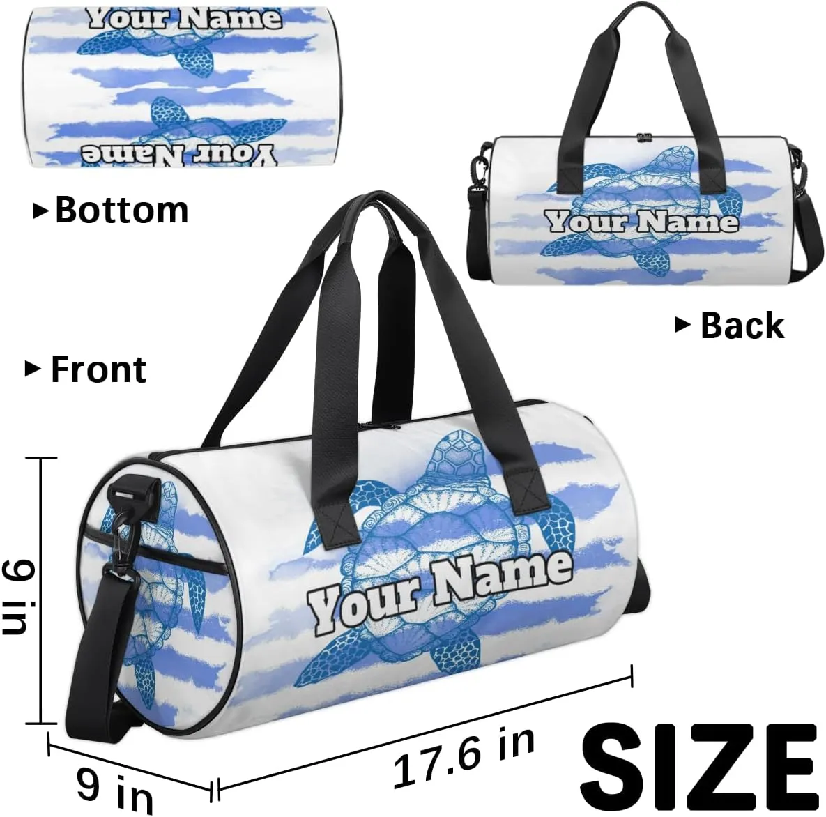 Custom Gym Bag for Women Men with Name, Personalized Sea Turtle Duffel Bag for Sports, Waterproof Dance Bag, Lightweight Carryon Gym Bag,