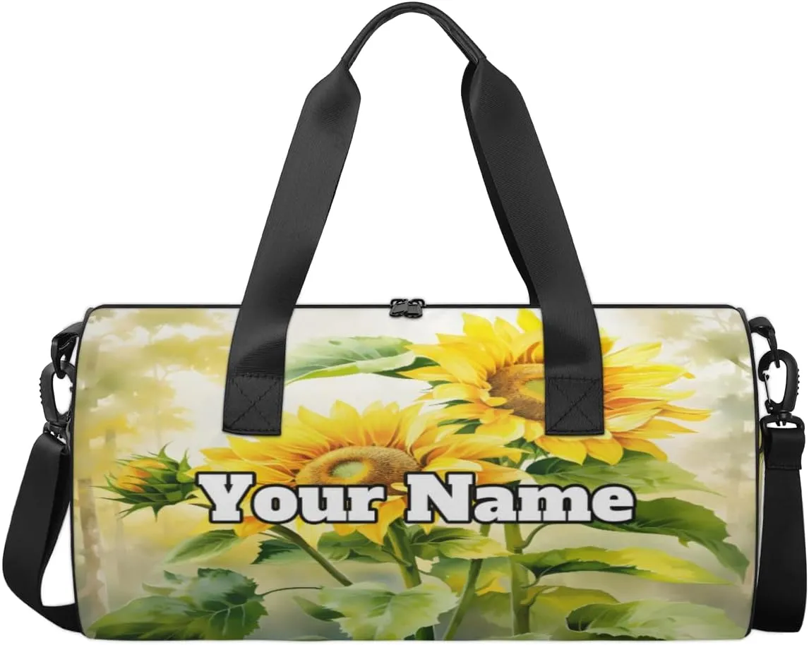 Custom Gym Bag for Women Men with Name, Personalized Spring Sunflower Duffel Bag for Sports, Waterproof Dance Bag, Lightweight Carryon Gym Bag, Leaves Flowers