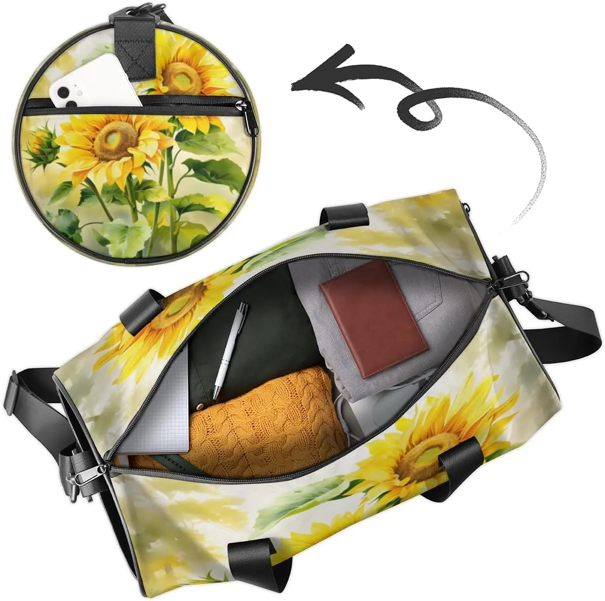 Custom Gym Bag for Women Men with Name, Personalized Spring Sunflower Duffel Bag for Sports, Waterproof Dance Bag, Lightweight Carryon Gym Bag, Leaves Flowers