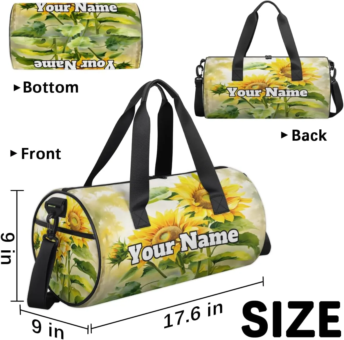 Custom Gym Bag for Women Men with Name, Personalized Spring Sunflower Duffel Bag for Sports, Waterproof Dance Bag, Lightweight Carryon Gym Bag, Leaves Flowers