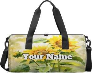 Custom Gym Bag for Women Men with Name, Personalized Spring Sunflower Duffel Bag for Sports, Waterproof Dance Bag, Lightweight Carryon Gym Bag, Leaves Flowers