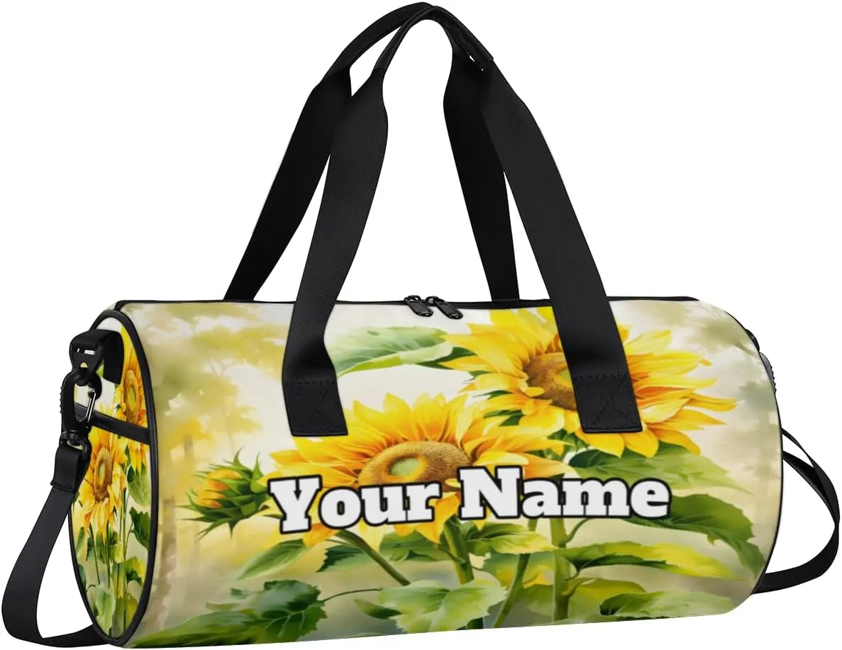 Custom Gym Bag for Women Men with Name, Personalized Spring Sunflower Duffel Bag for Sports, Waterproof Dance Bag, Lightweight Carryon Gym Bag, Leaves Flowers