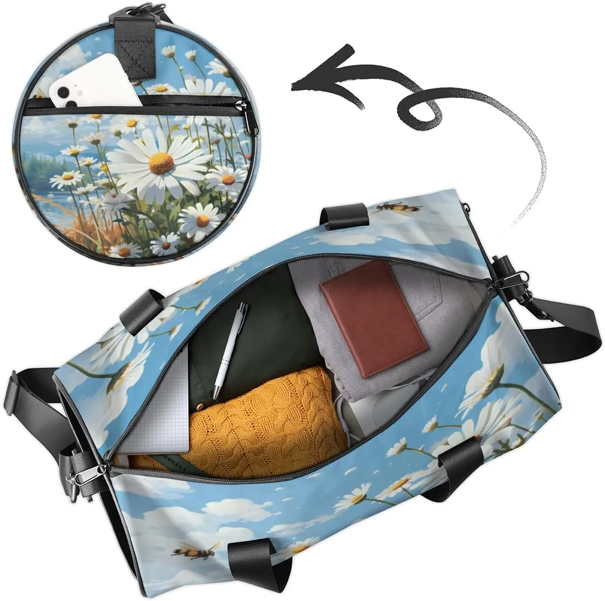 Custom Gym Bag for Women Men with Name, Personalized Summer Daisy Duffel Bag for Sports, Waterproof Dance Bag, Lightweight Carryon Gym Bag, Bee