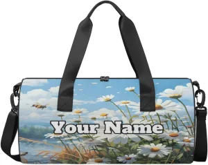 Custom Gym Bag for Women Men with Name, Personalized Summer Daisy Duffel Bag for Sports, Waterproof Dance Bag, Lightweight Carryon Gym Bag, Bee