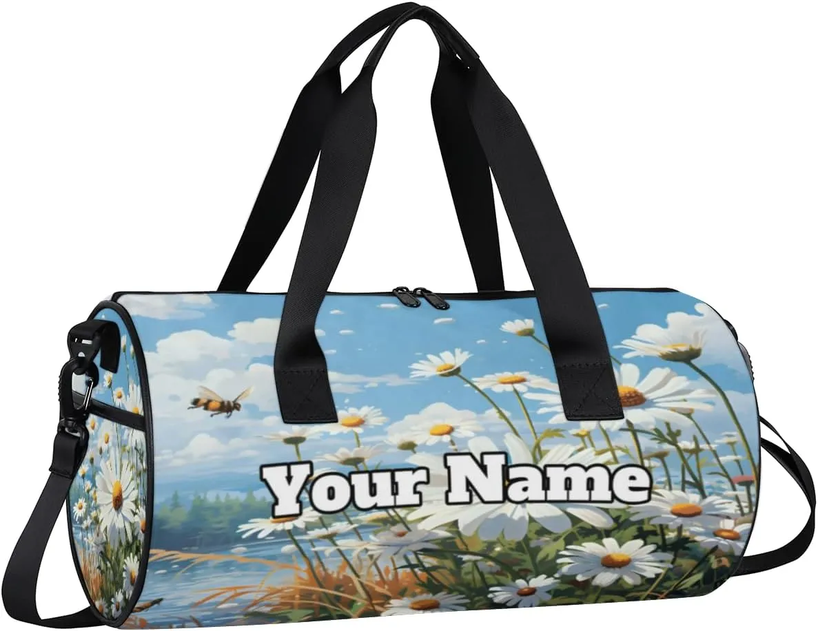 Custom Gym Bag for Women Men with Name, Personalized Summer Daisy Duffel Bag for Sports, Waterproof Dance Bag, Lightweight Carryon Gym Bag, Bee