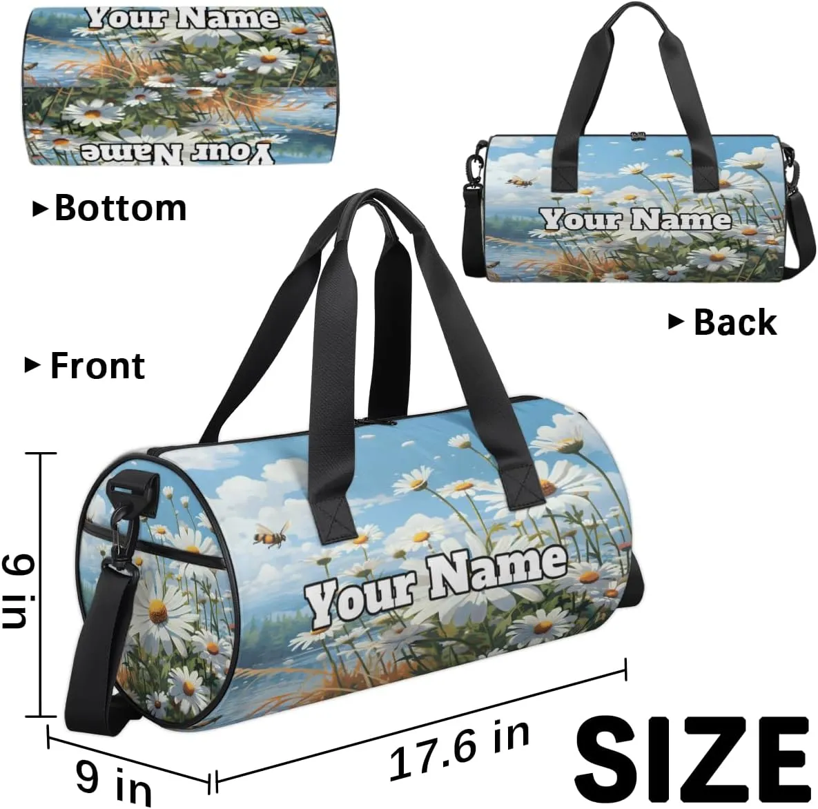 Custom Gym Bag for Women Men with Name, Personalized Summer Daisy Duffel Bag for Sports, Waterproof Dance Bag, Lightweight Carryon Gym Bag, Bee