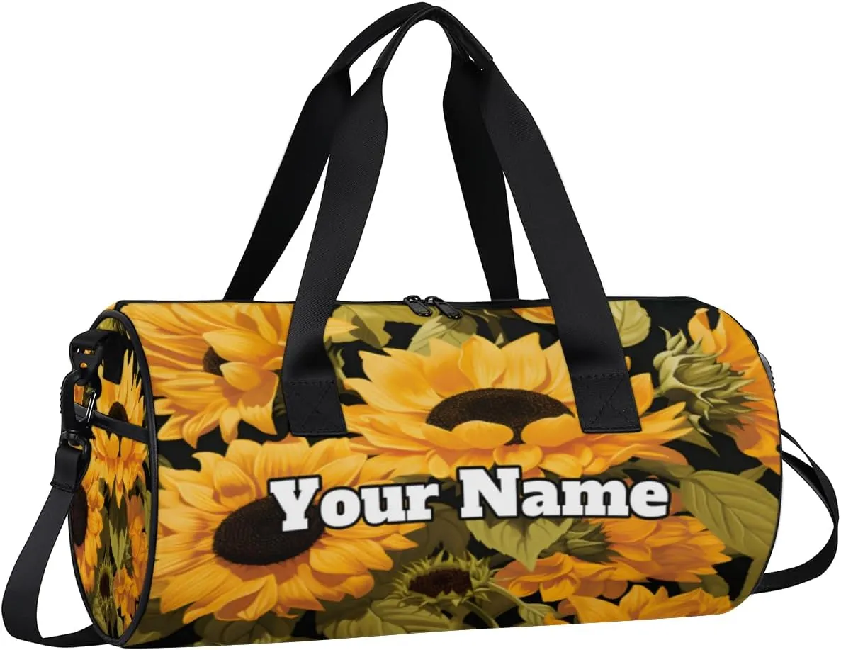 Custom Gym Bag for Women Men with Name, Personalized Sunflower Pattern Duffel Bag for Sports, Waterproof Dance Bag, Lightweight Carryon Gym Bag, Wild Flowers