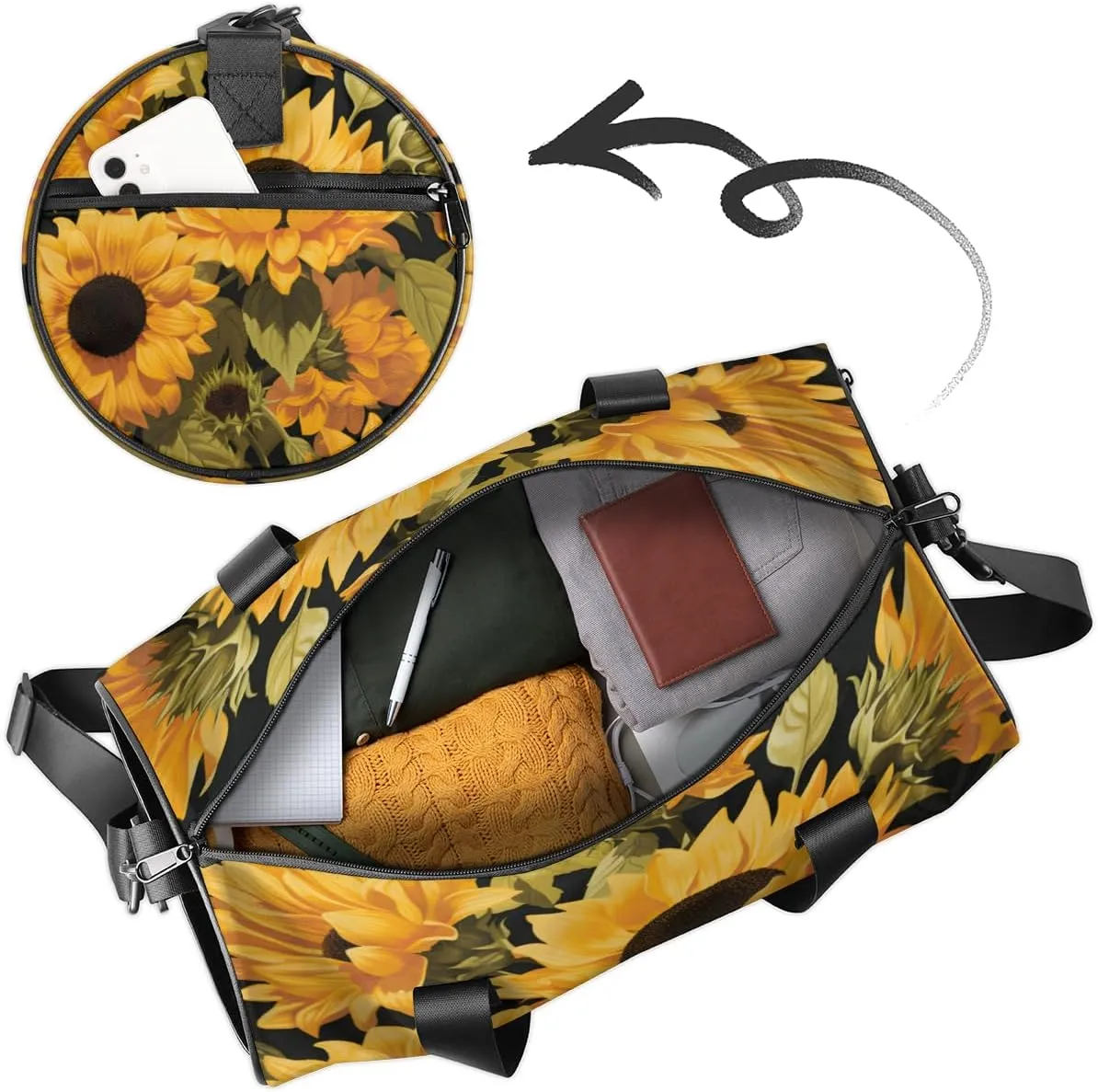 Custom Gym Bag for Women Men with Name, Personalized Sunflower Pattern Duffel Bag for Sports, Waterproof Dance Bag, Lightweight Carryon Gym Bag, Wild Flowers