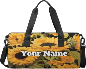 Custom Gym Bag for Women Men with Name, Personalized Sunflower Pattern Duffel Bag for Sports, Waterproof Dance Bag, Lightweight Carryon Gym Bag, Wild Flowers