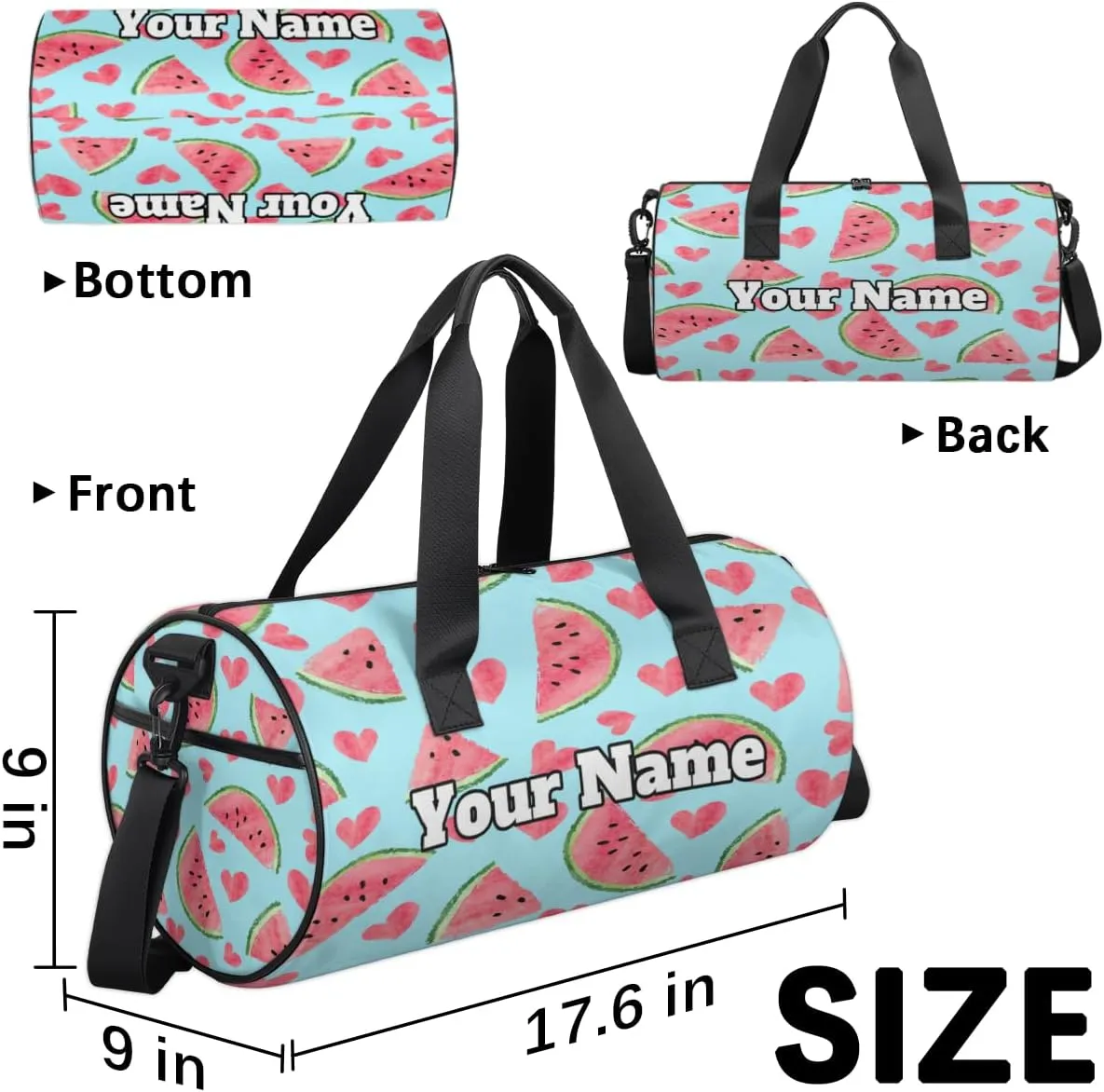 Custom Gym Bag for Women Men with Name, Personalized Sweet Watermelon Duffel Bag for Sports, Waterproof Dance Bag, Lightweight Carryon Gym Bag, Watermelon
