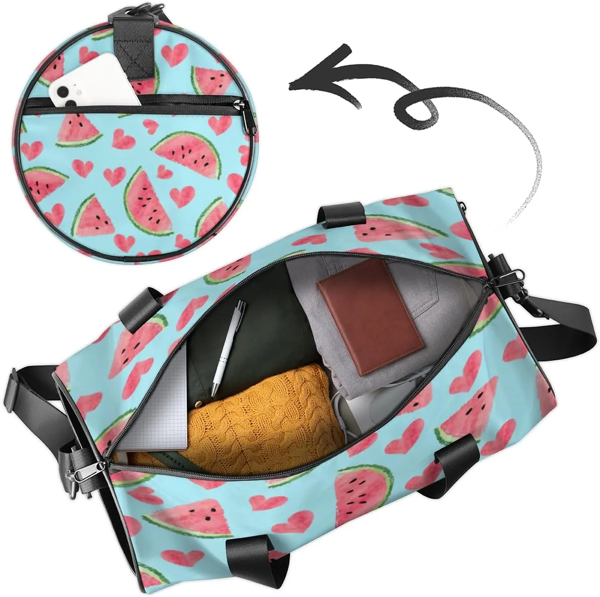 Custom Gym Bag for Women Men with Name, Personalized Sweet Watermelon Duffel Bag for Sports, Waterproof Dance Bag, Lightweight Carryon Gym Bag, Watermelon