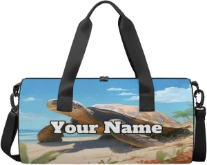 Custom Gym Bag for Women Men with Name, Personalized Turtle Duffel Bag for Sports, Waterproof Dance Bag, Lightweight Carryon Gym Bag, Sea Turtle
