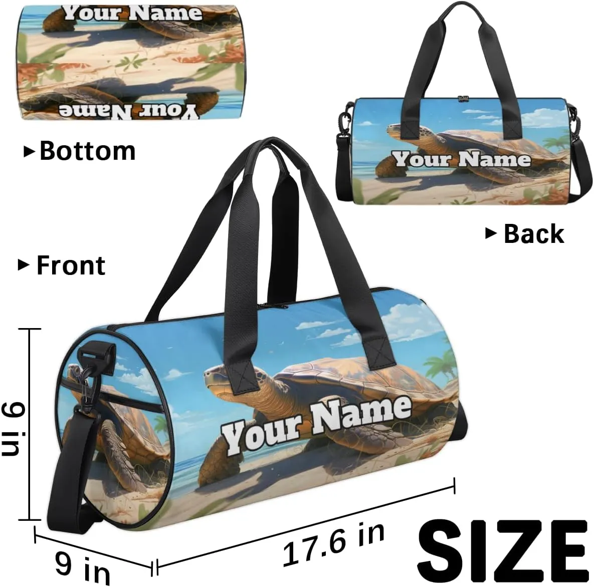 Custom Gym Bag for Women Men with Name, Personalized Turtle Duffel Bag for Sports, Waterproof Dance Bag, Lightweight Carryon Gym Bag, Sea Turtle