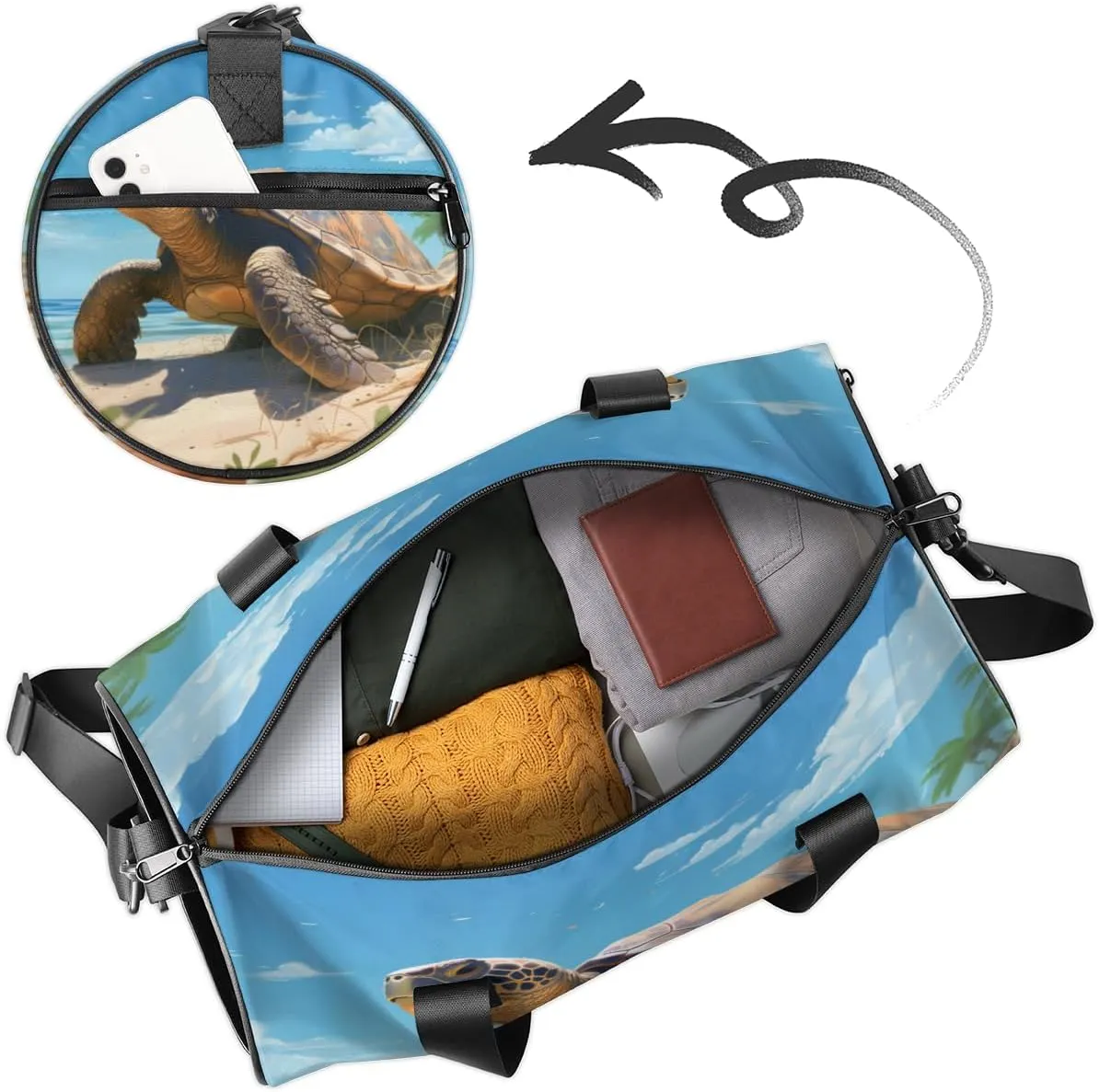 Custom Gym Bag for Women Men with Name, Personalized Turtle Duffel Bag for Sports, Waterproof Dance Bag, Lightweight Carryon Gym Bag, Sea Turtle
