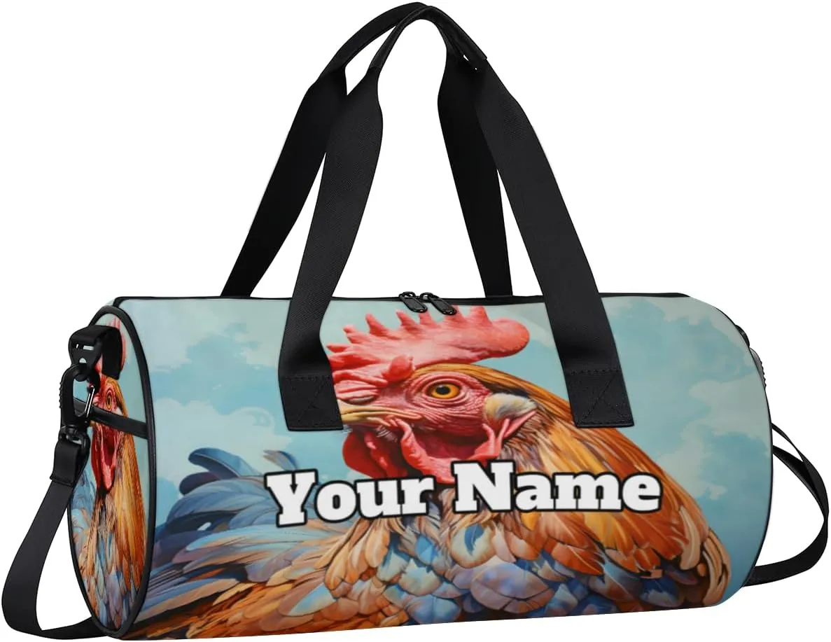 Custom Gym Bag for Women Men with Name, Personalized Watercolor Rooster Duffel Bag for Sports, Waterproof Dance Bag, Lightweight Carryon Gym Bag, Rooster
