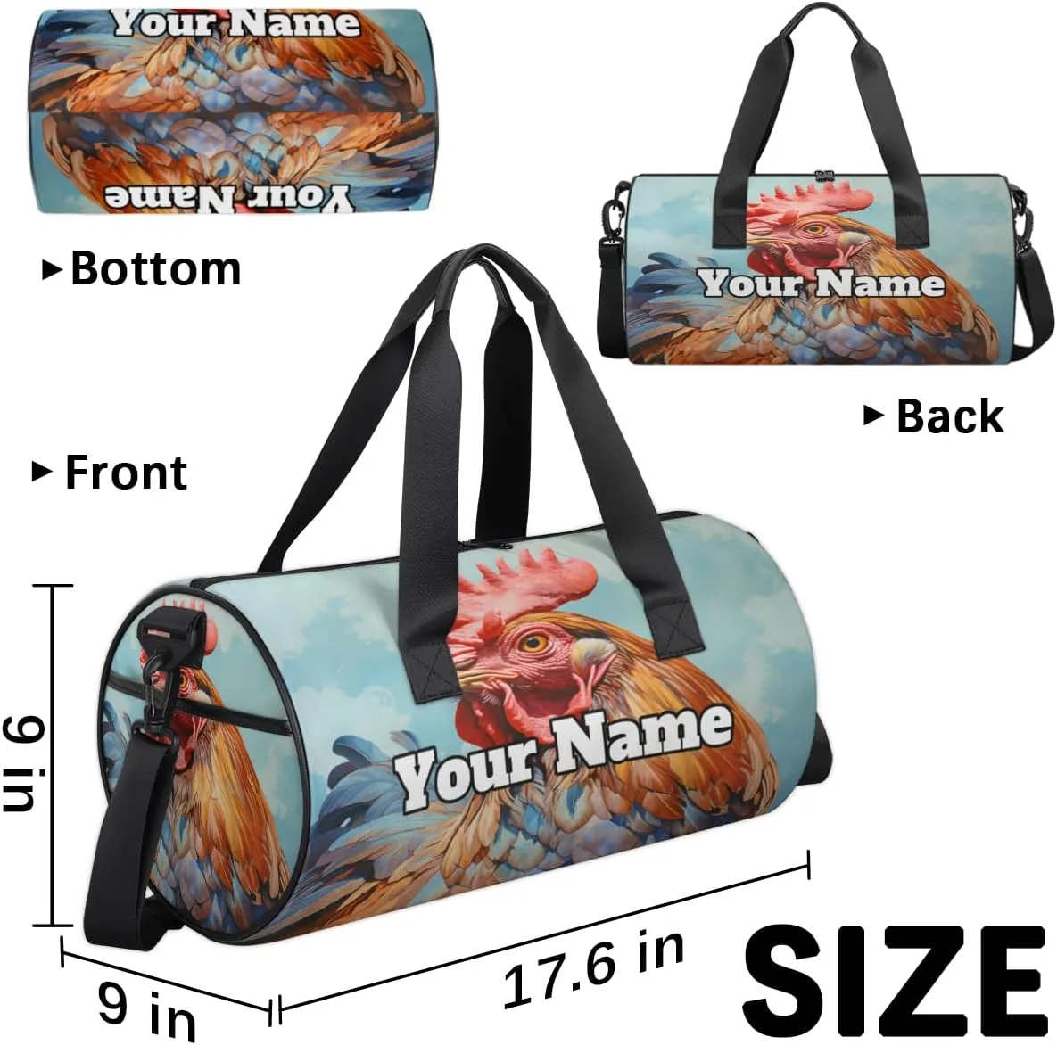 Custom Gym Bag for Women Men with Name, Personalized Watercolor Rooster Duffel Bag for Sports, Waterproof Dance Bag, Lightweight Carryon Gym Bag, Rooster
