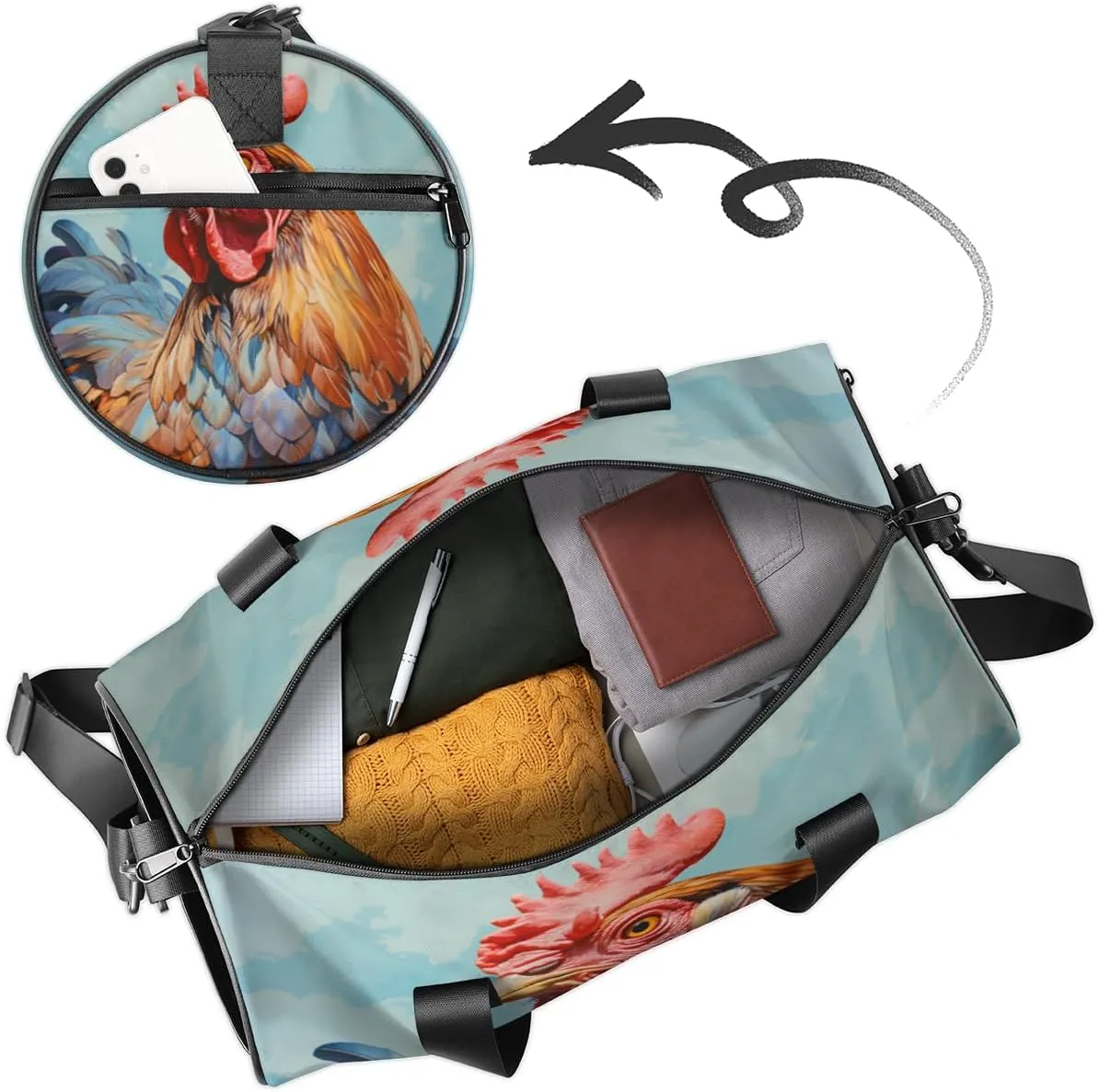 Custom Gym Bag for Women Men with Name, Personalized Watercolor Rooster Duffel Bag for Sports, Waterproof Dance Bag, Lightweight Carryon Gym Bag, Rooster