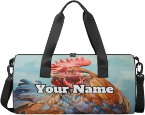 Custom Gym Bag for Women Men with Name, Personalized Watercolor Rooster Duffel Bag for Sports, Waterproof Dance Bag, Lightweight Carryon Gym Bag, Rooster