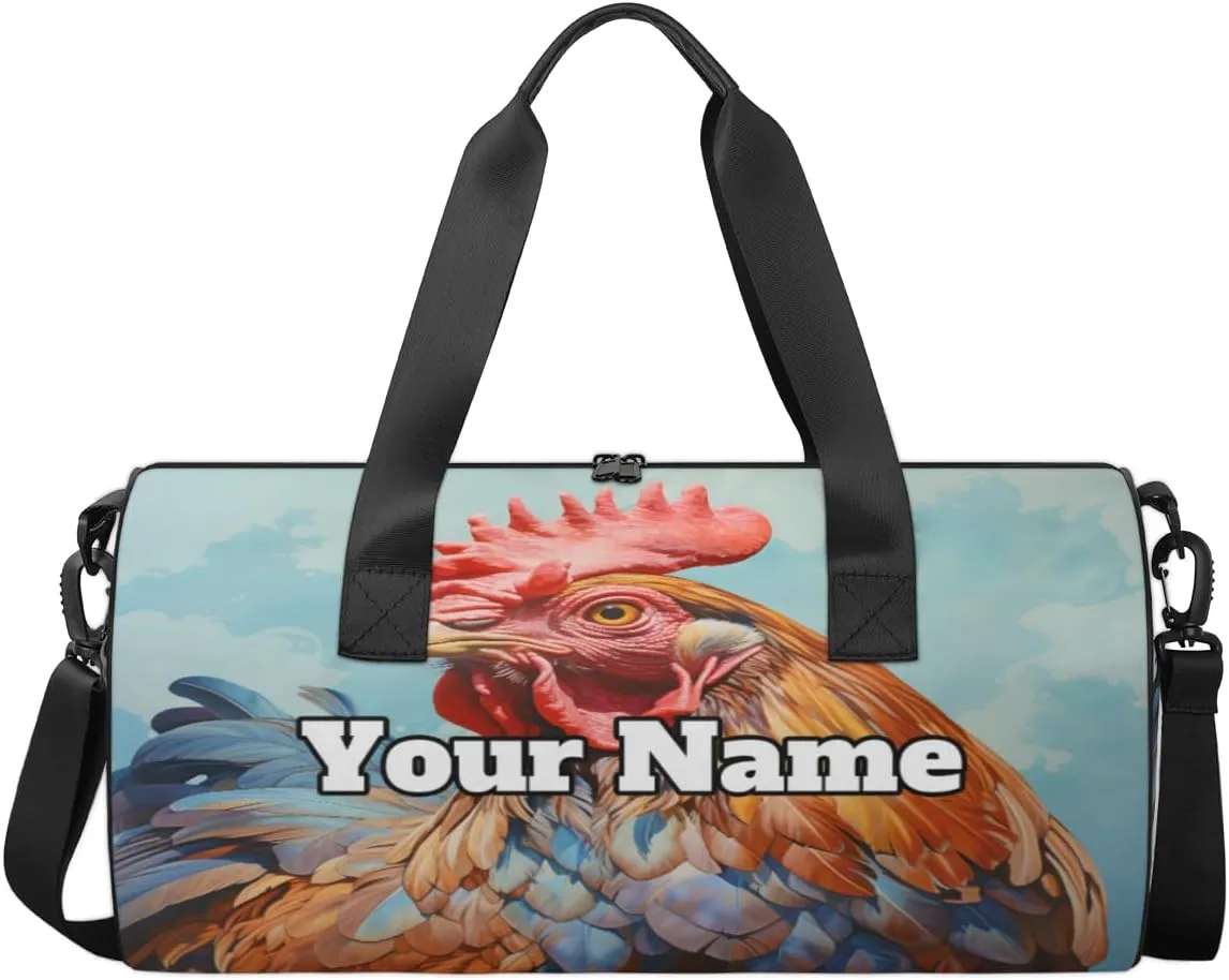Custom Gym Bag for Women Men with Name, Personalized Watercolor Rooster Duffel Bag for Sports, Waterproof Dance Bag, Lightweight Carryon Gym Bag, Rooster