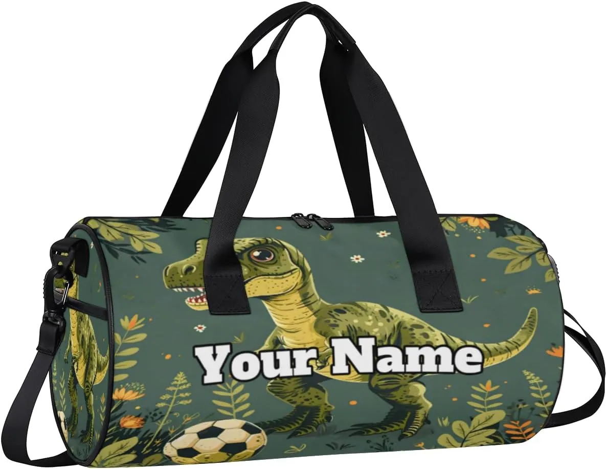 Custom Gym Bag for Women Men with Name, Personalized Wild Dinosaurs Duffel Bag for Sports, Waterproof Dance Bag, Lightweight Carryon Gym Bag, Palm Leaves