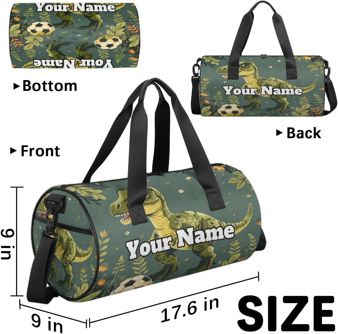 Custom Gym Bag for Women Men with Name, Personalized Wild Dinosaurs Duffel Bag for Sports, Waterproof Dance Bag, Lightweight Carryon Gym Bag, Palm Leaves
