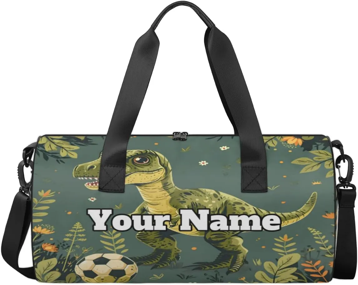 Custom Gym Bag for Women Men with Name, Personalized Wild Dinosaurs Duffel Bag for Sports, Waterproof Dance Bag, Lightweight Carryon Gym Bag, Palm Leaves