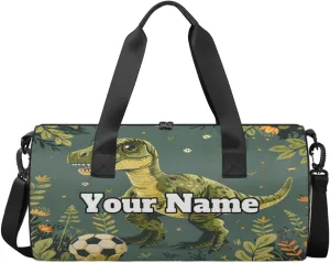 Custom Gym Bag for Women Men with Name, Personalized Wild Dinosaurs Duffel Bag for Sports, Waterproof Dance Bag, Lightweight Carryon Gym Bag, Palm Leaves