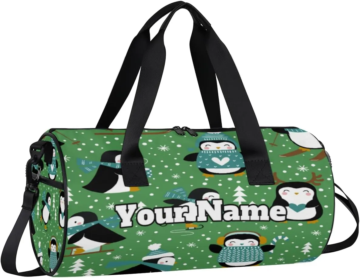Custom Gym Bag for Women Men with Name, Personalized Winter Penguin Tree Duffel Bag for Sports, Waterproof Dance Bag, Lightweight Carryon Gym Bag, Cute Penguin