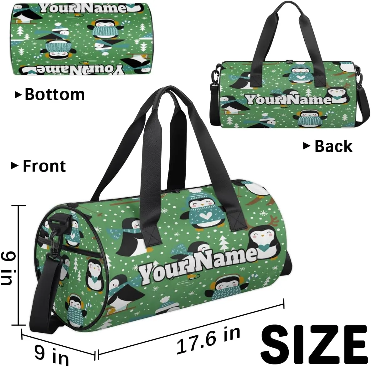 Custom Gym Bag for Women Men with Name, Personalized Winter Penguin Tree Duffel Bag for Sports, Waterproof Dance Bag, Lightweight Carryon Gym Bag, Cute Penguin