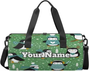 Custom Gym Bag for Women Men with Name, Personalized Winter Penguin Tree Duffel Bag for Sports, Waterproof Dance Bag, Lightweight Carryon Gym Bag, Cute Penguin
