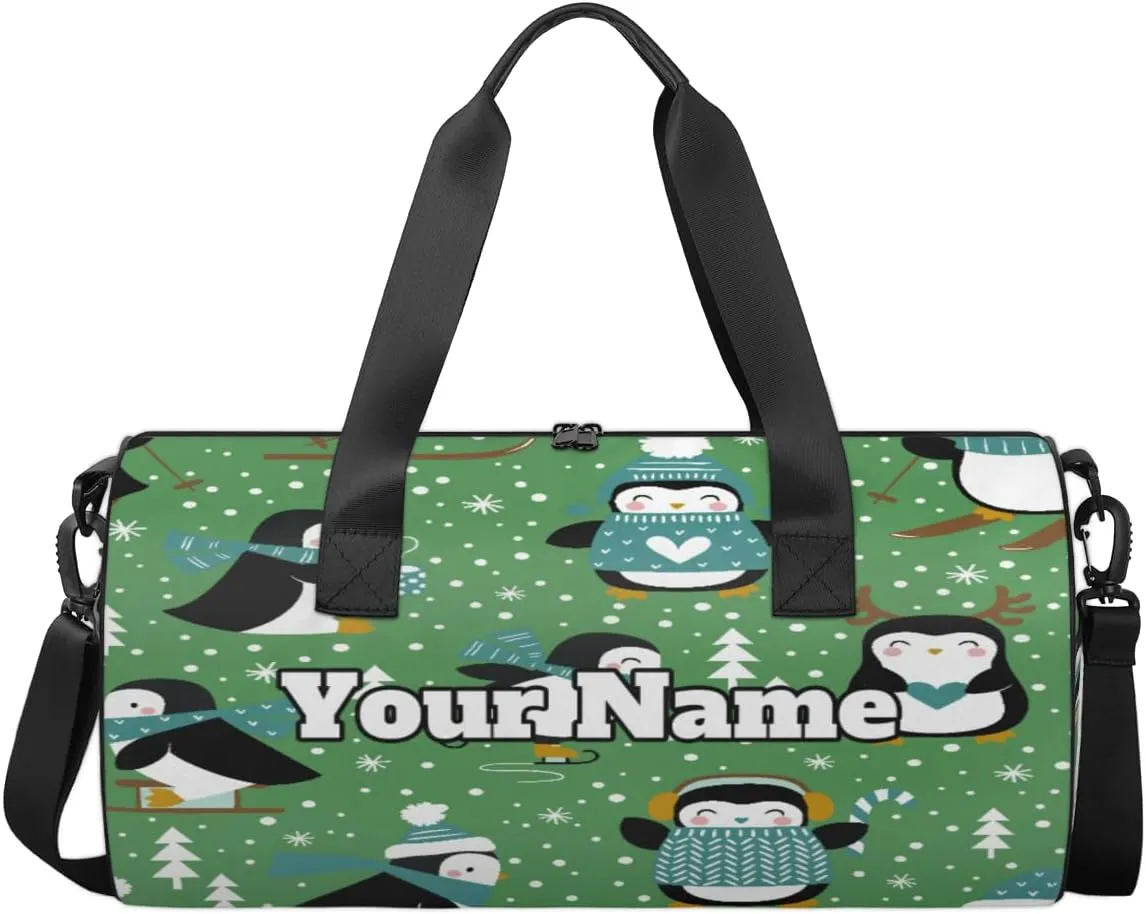 Custom Gym Bag for Women Men with Name, Personalized Winter Penguin Tree Duffel Bag for Sports, Waterproof Dance Bag, Lightweight Carryon Gym Bag, Cute Penguin